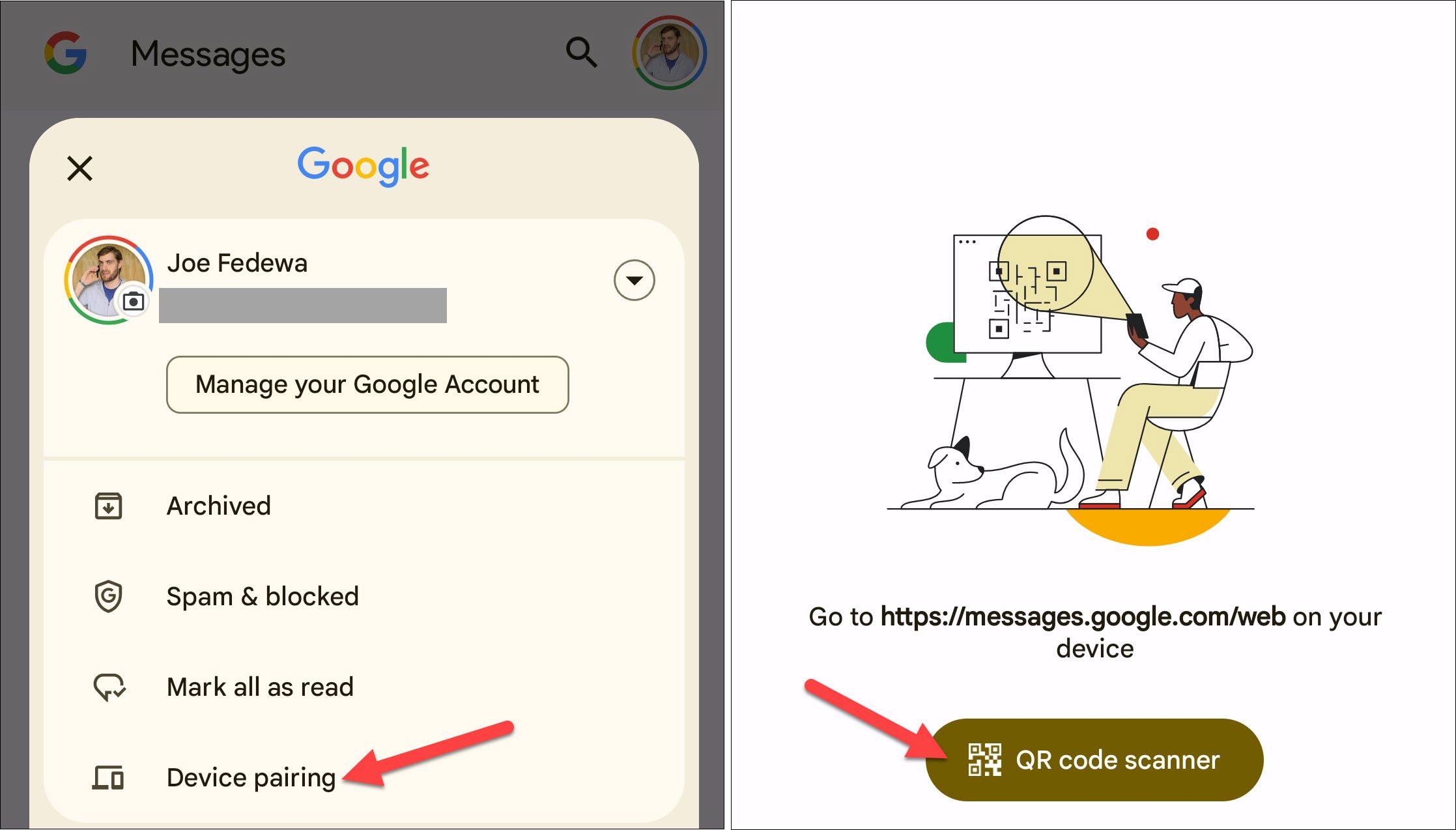Messages menu and QR code scanner button.