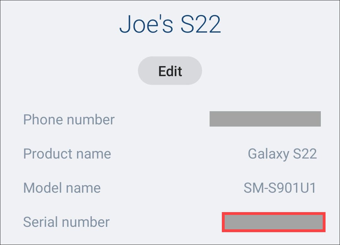 Serial number on Samsung phone.