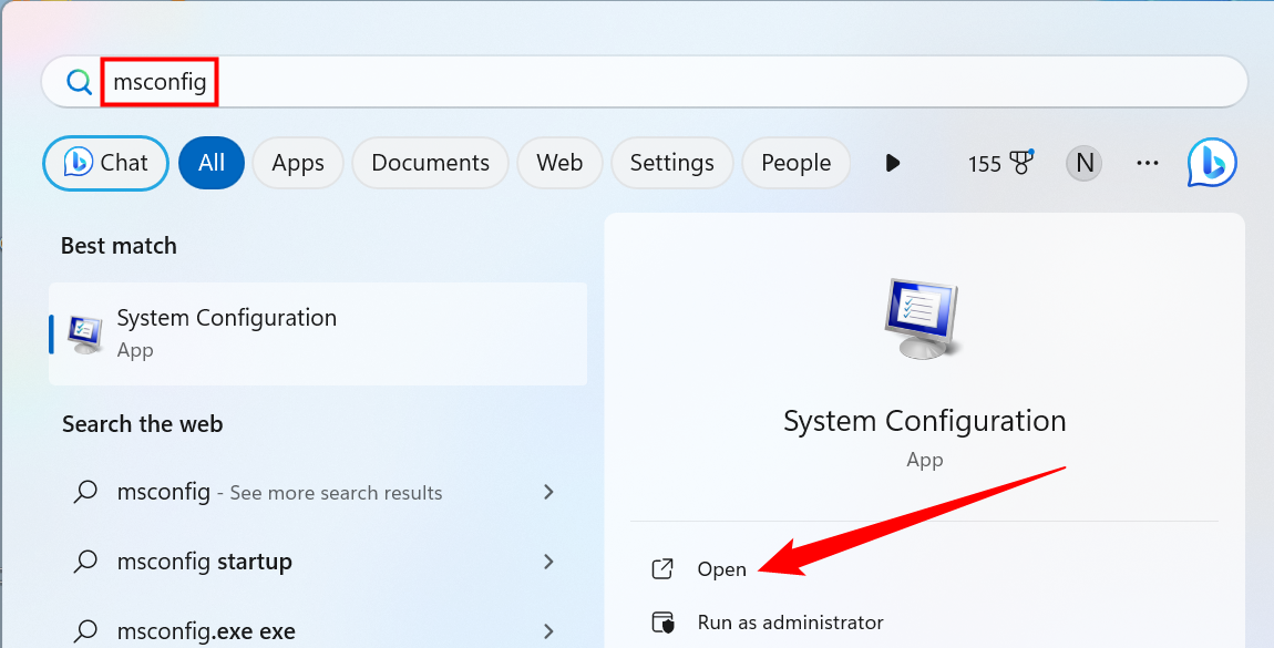 Search for "msconfig" in the Start Menu. 