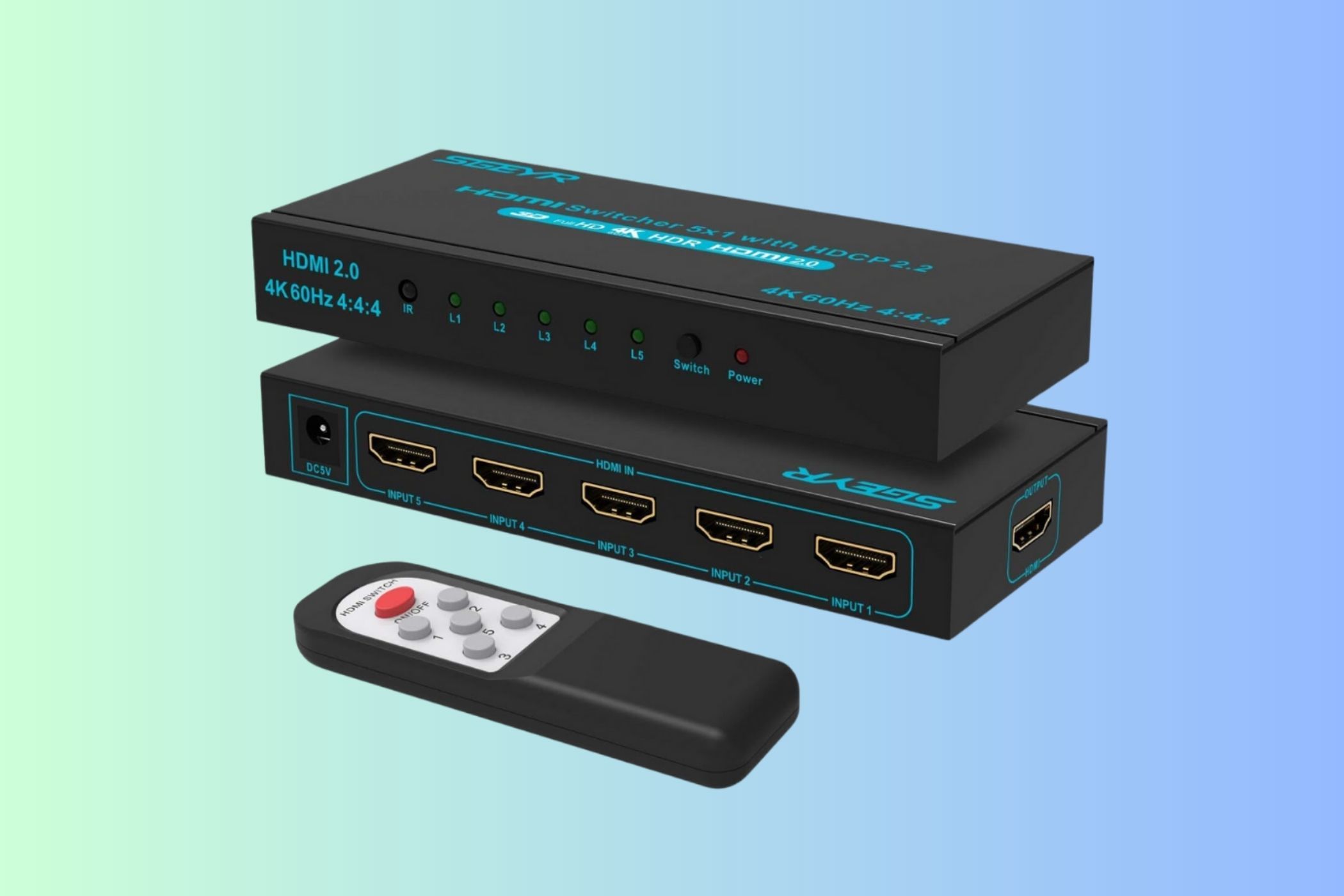 SGEYR 4K@60Hz 5x1 HDMI Switch on green and blue background