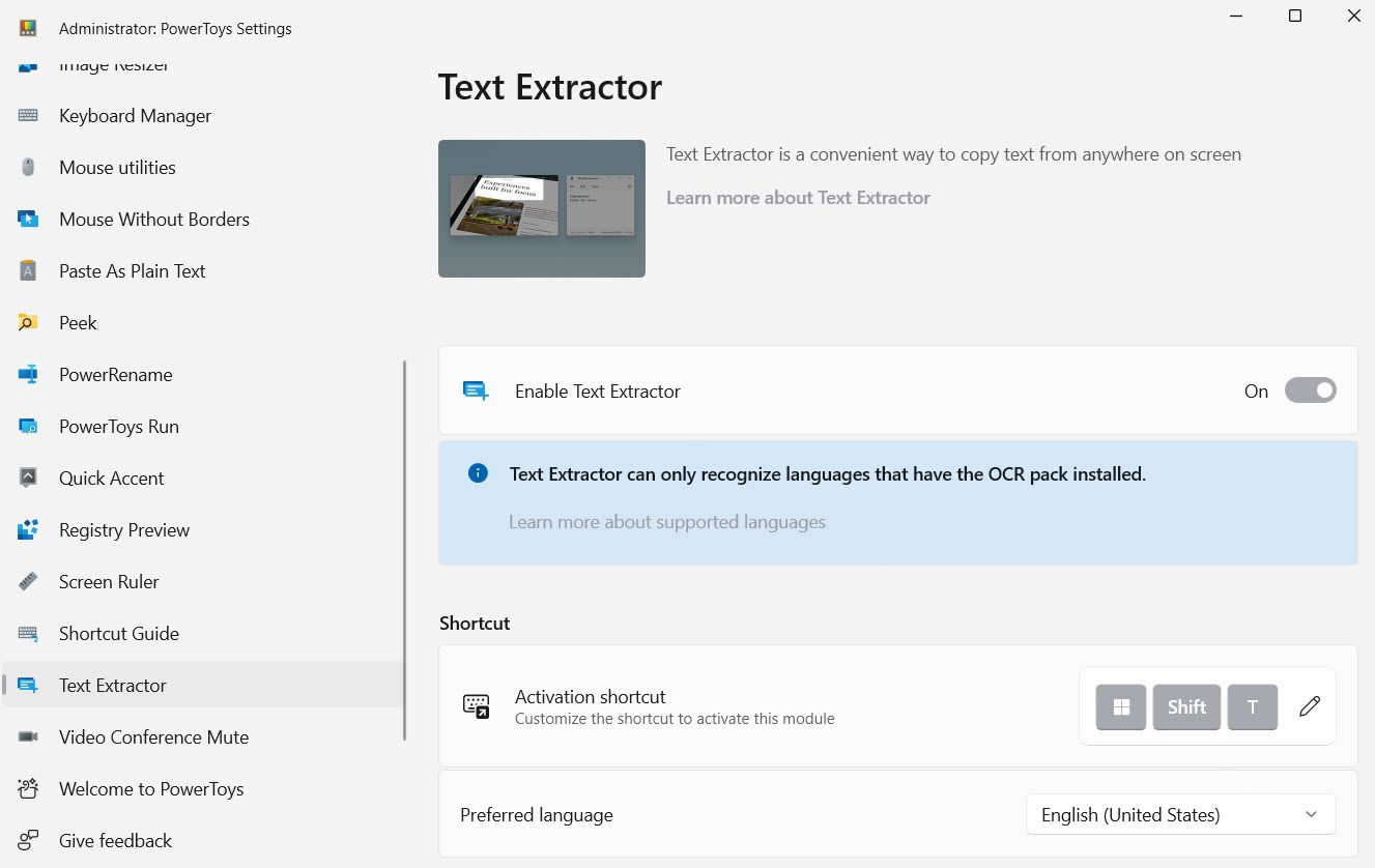 Using the Text Extractor tool in Microsoft PowerToys to enable OCR text extraction.