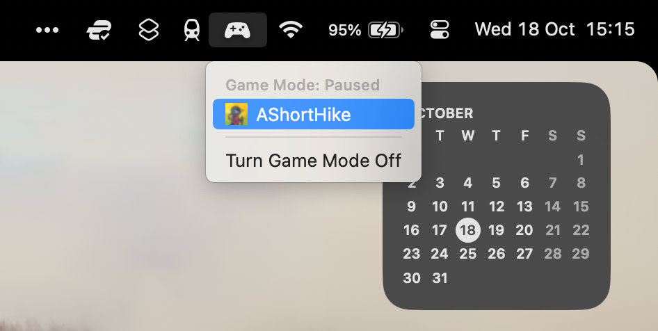 Menu bar option to toggle Game Mode on or off in apps on macOS 14 Sonoma.