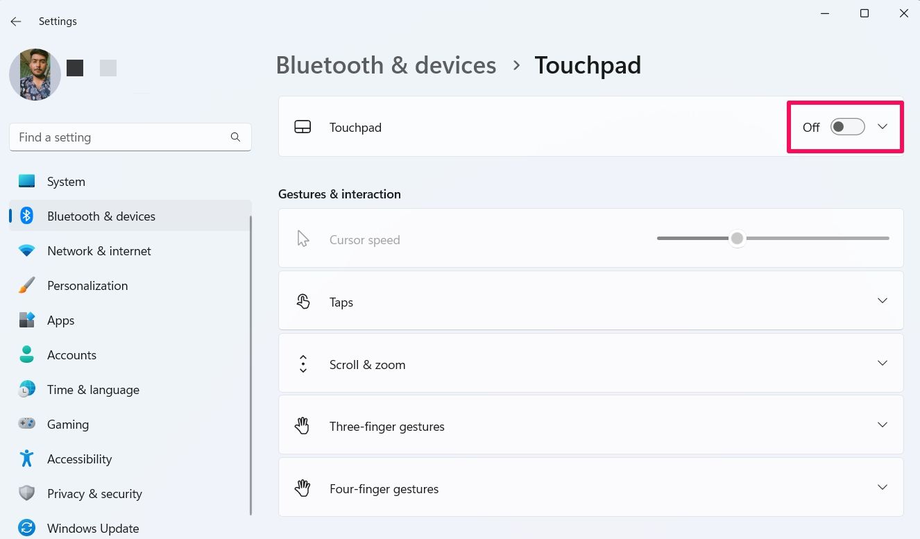 Touchpad toggle in the Settings app