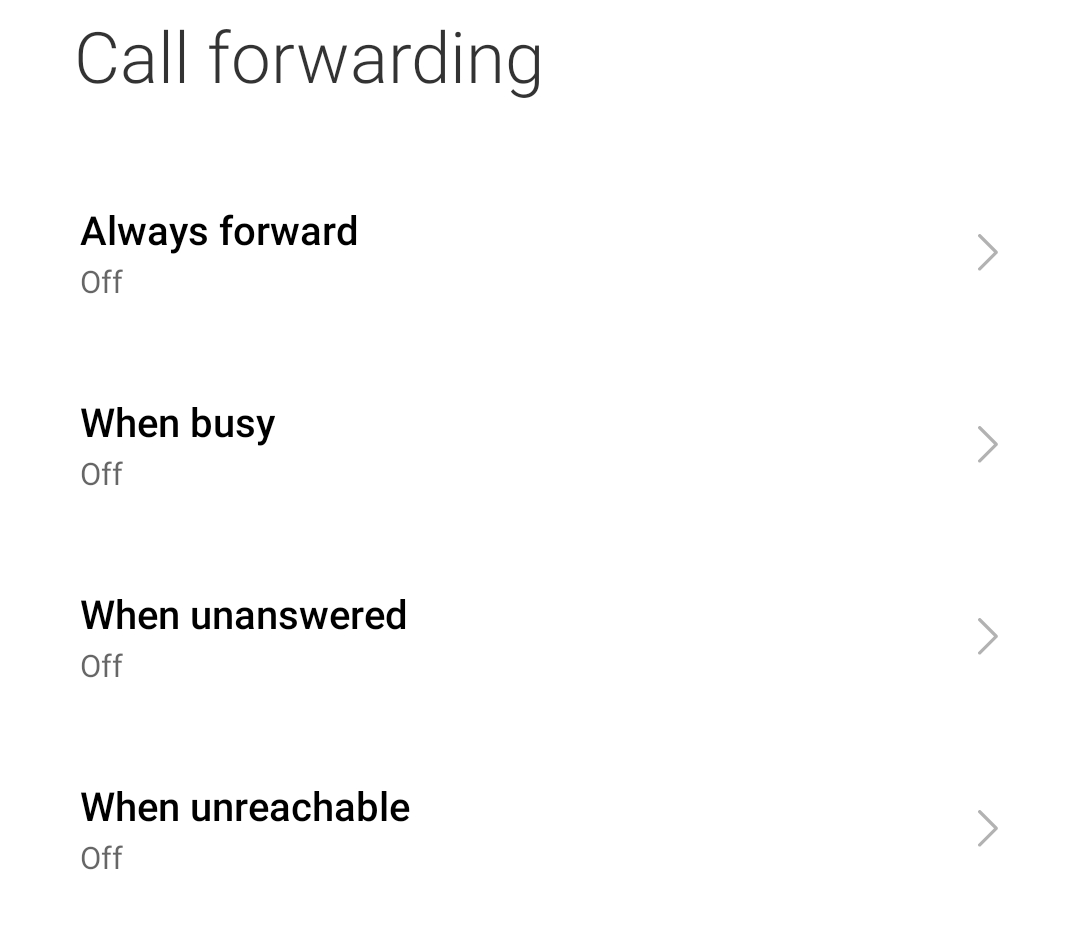 A screenshot showing call forwarding turned off for all options.