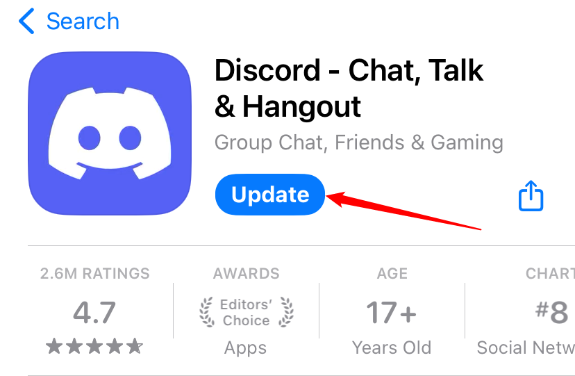 The "Update" button for Discord on an iPhone. 