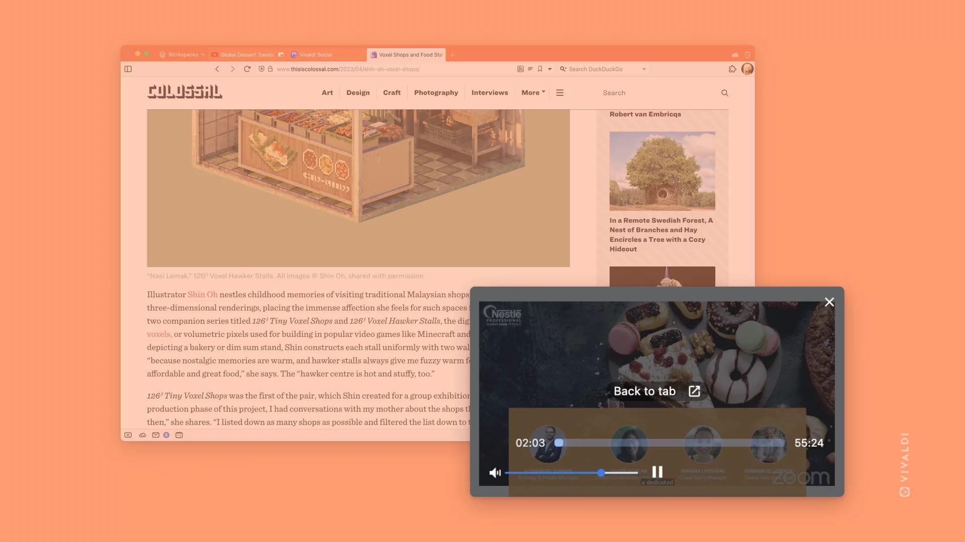 Vivaldi browser pop-up video player with volume controls. 