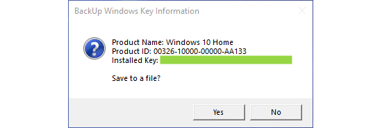 The Window 10 product key is obfuscated by a green box. 