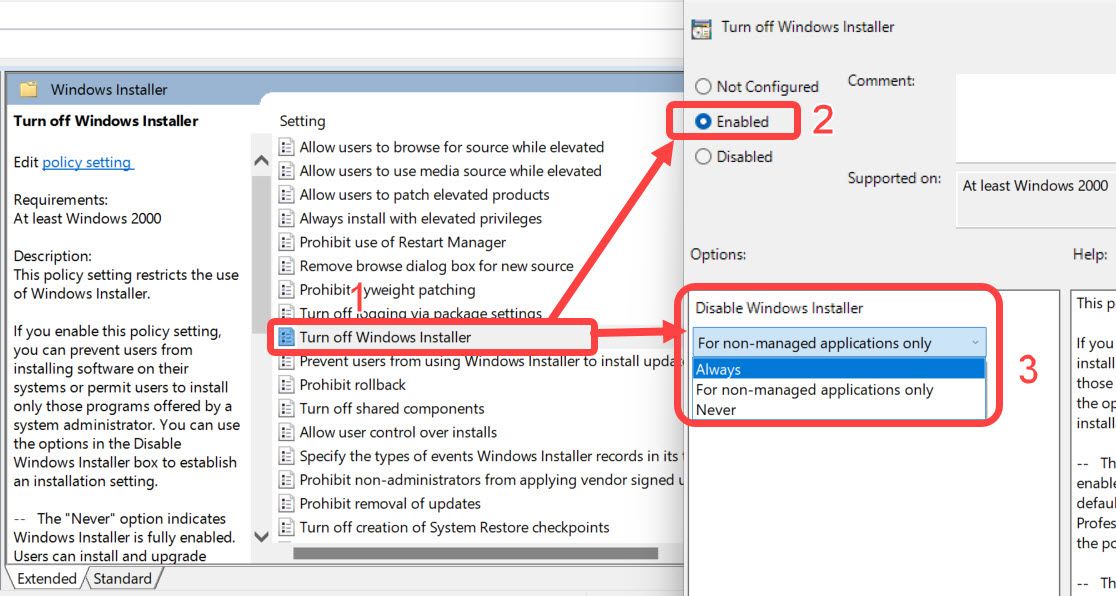 Turning off Windows-Installer using GPEdit on Windows.