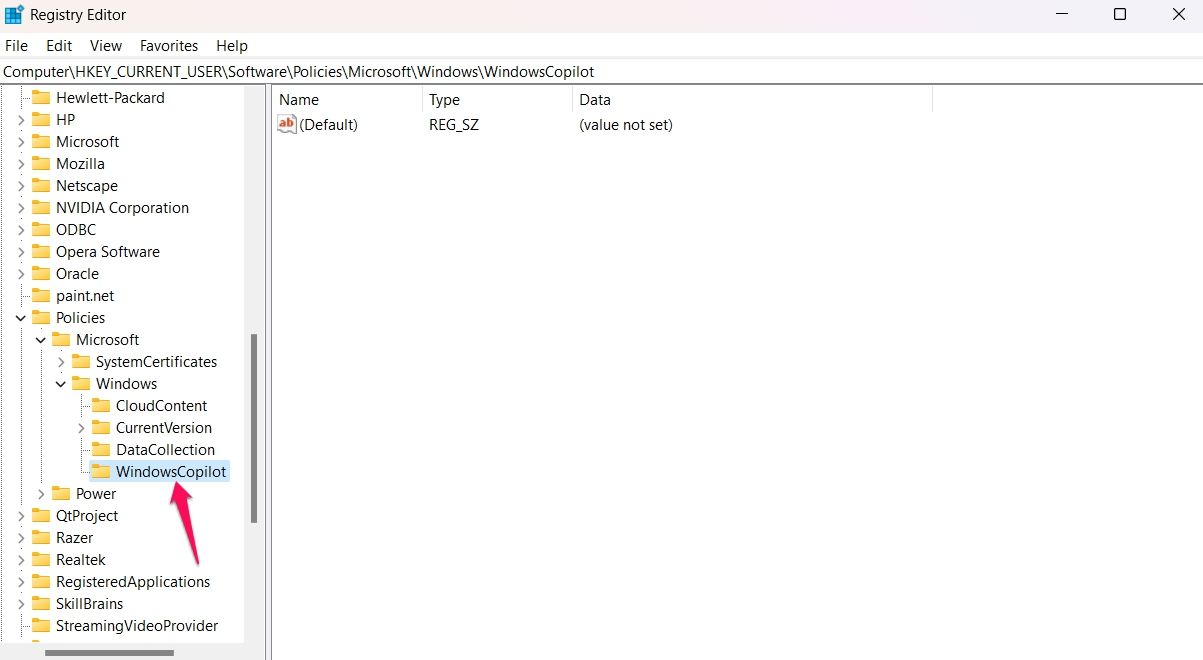 WindowsCopilot key in the Registry Editor