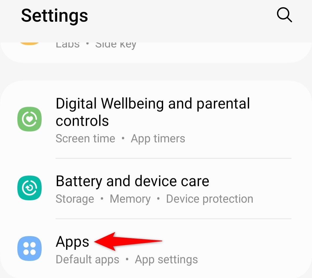 'Apps' highlighted in Android's Settings app.