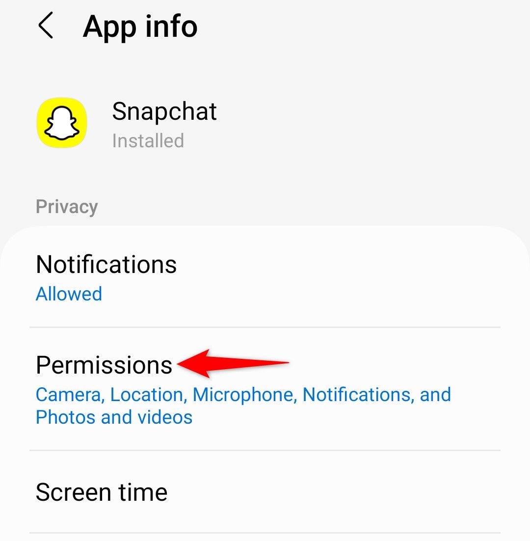 'Permissions' highlighted on Snapchat's 'App info' screen in Android Settings.