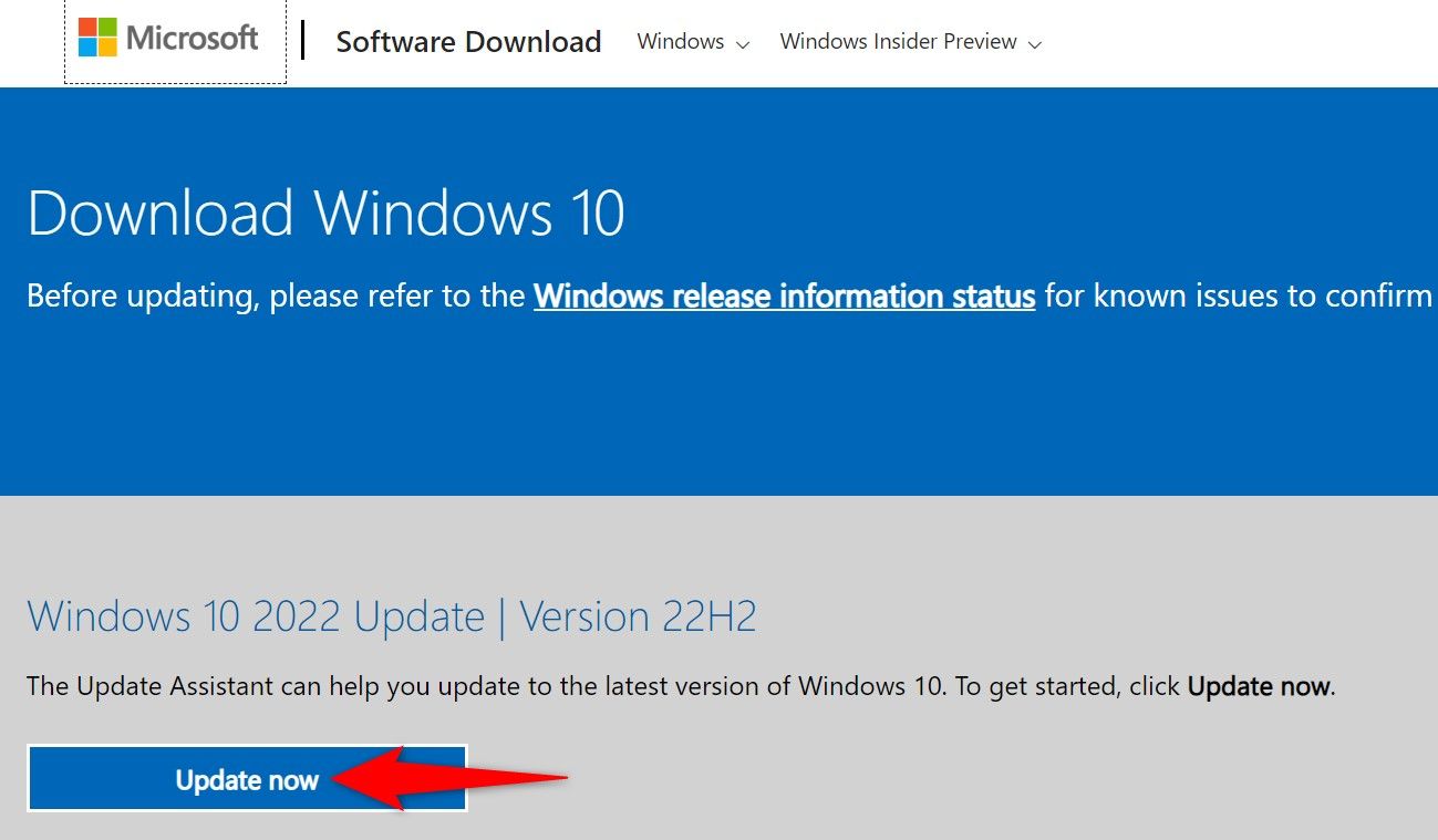 'Update Now' highlighted on the Windows Update Assistant site.