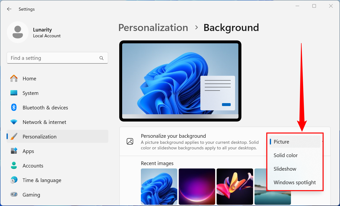 Dropdown menu with "Picture," "Solid Color," "Slideshow," and "Windows Spotlight" as options.