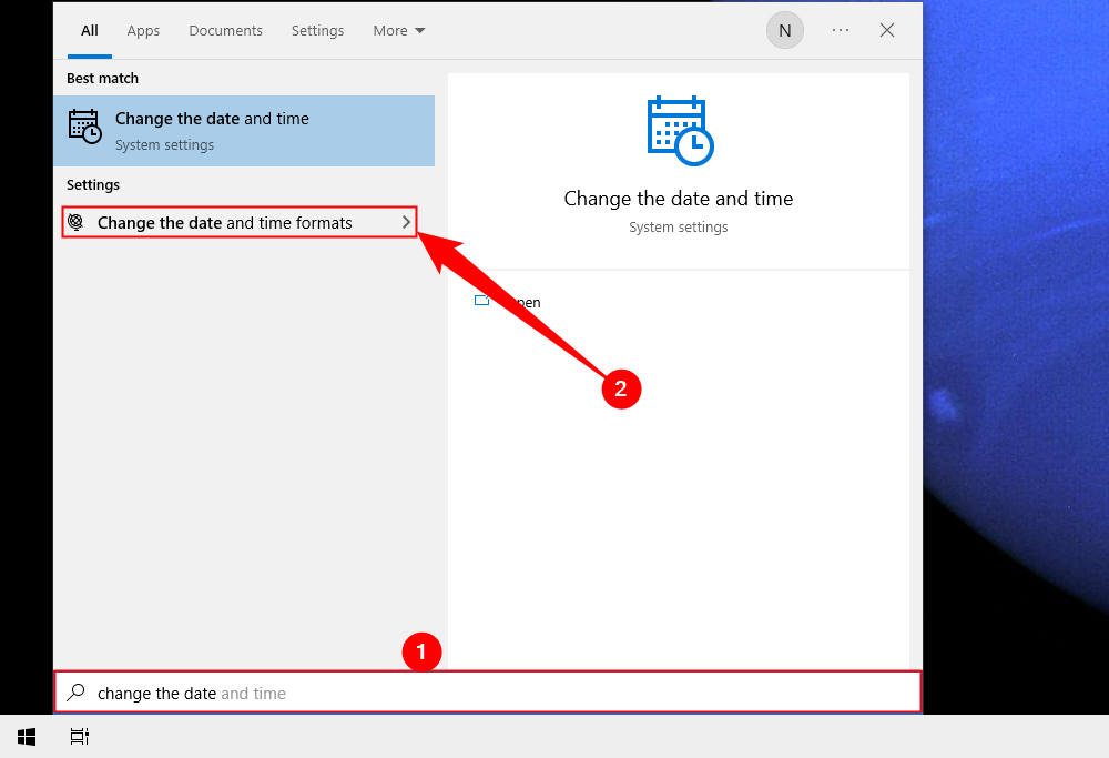 Search "Change the date" in the Start Menu, then select "Change the date and time formats." 