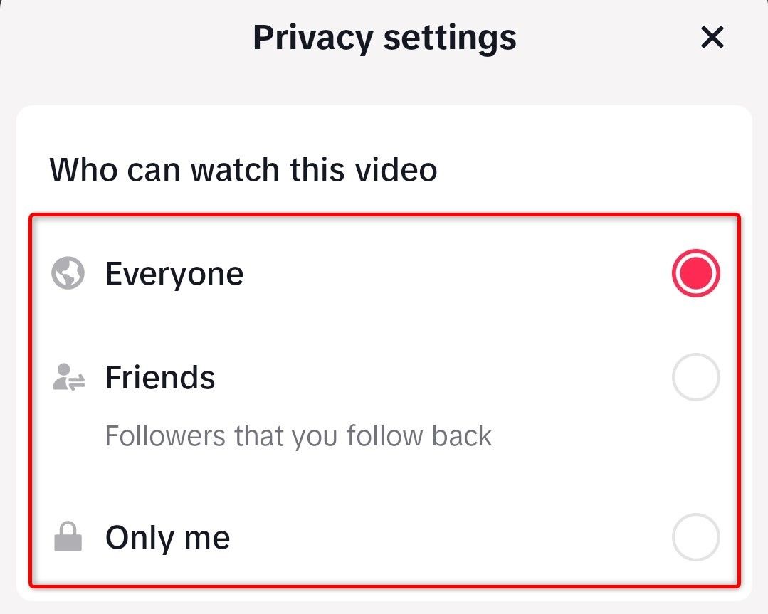 Audience options for a video in the TikTok app.
