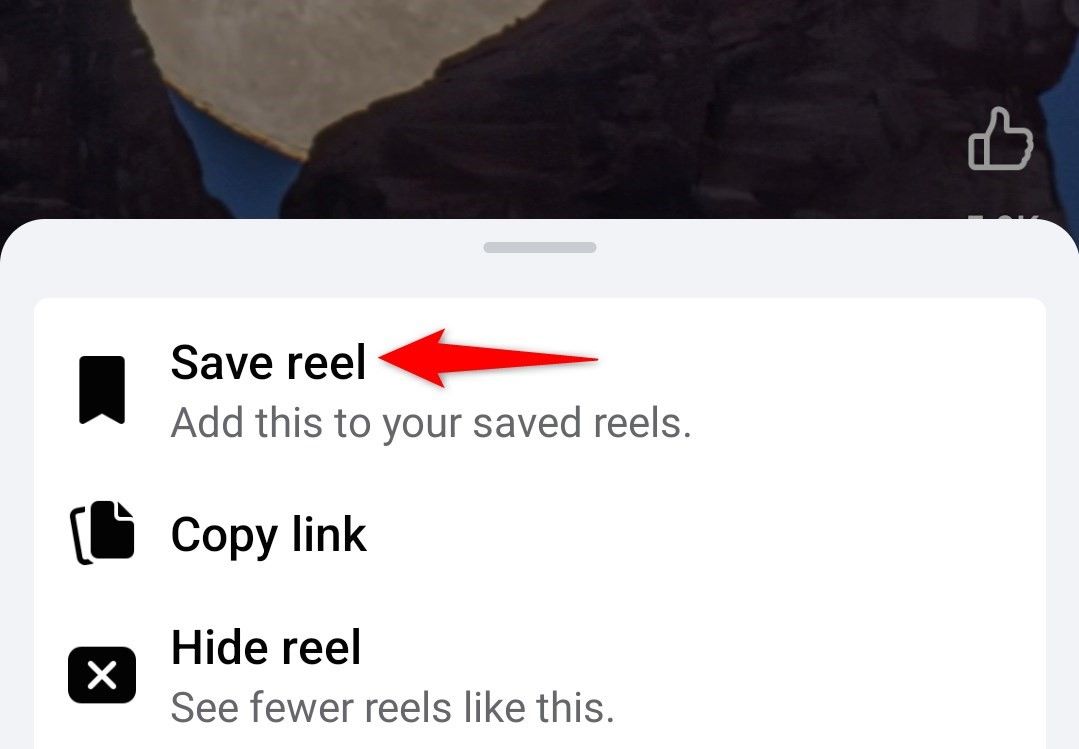 'Save Reel' highlighted for a Reel in Facebook's mobile app.