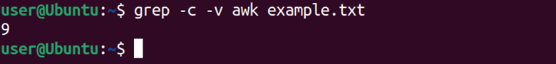 Linux terminal displays the output of the grep command when it searches for line counts that do not contain a defined pattern.