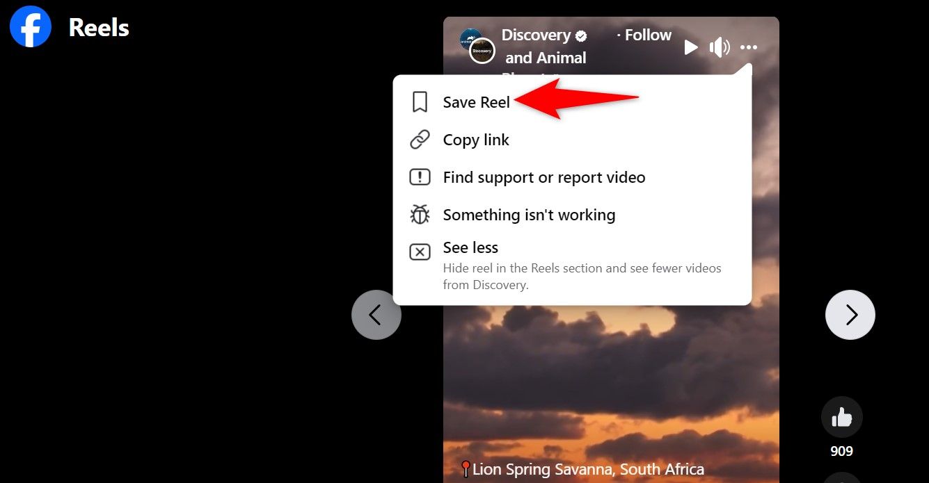 'Save Reel' highlighted for a Reel on Facebook's desktop site.