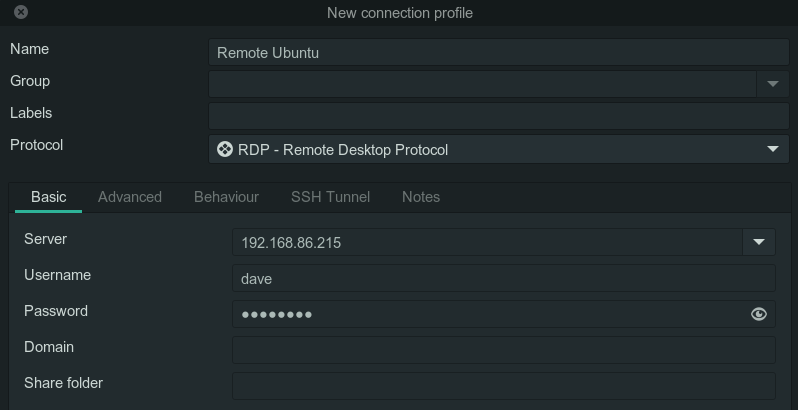 The Remmina new connection profile dialog. with several fields completed