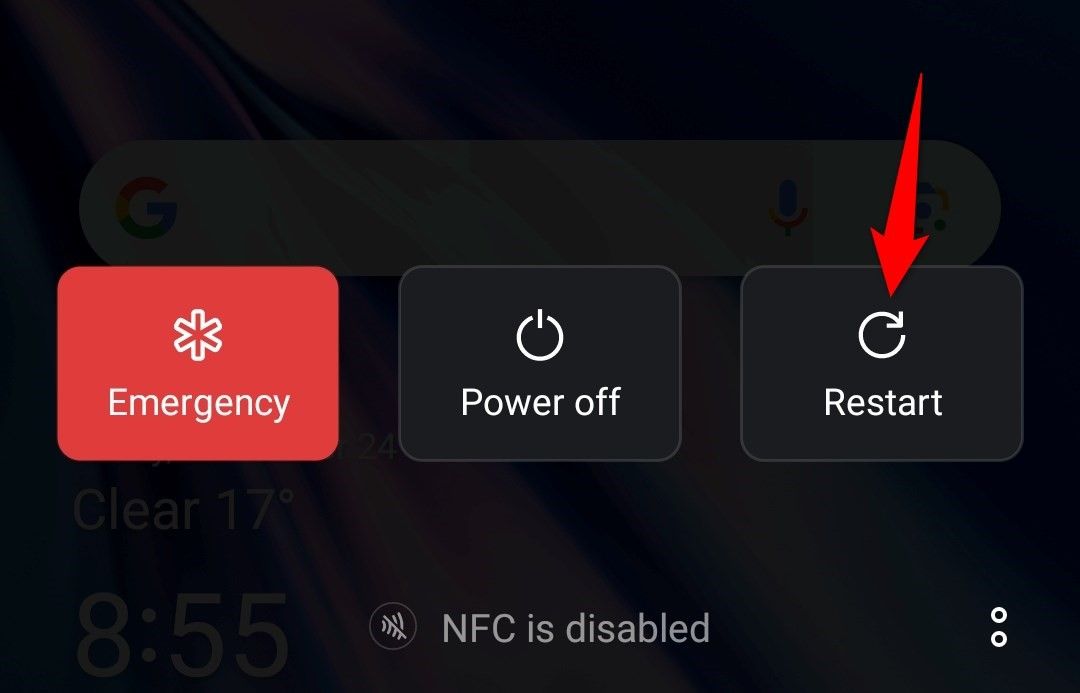 'Restart' highlighted in Android's Power menu.