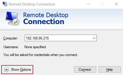 The Windows Remote Desktop Connection dialog, with the Show Options option highlighted