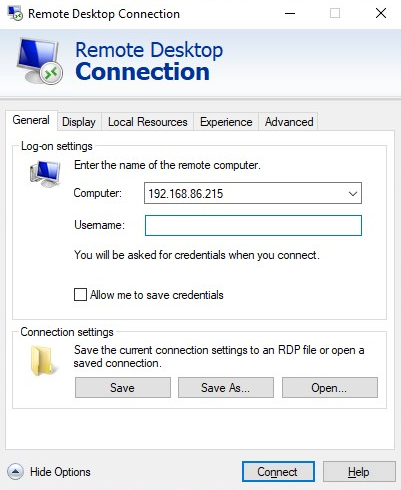 The expanded Remote Desktop Connection dialog