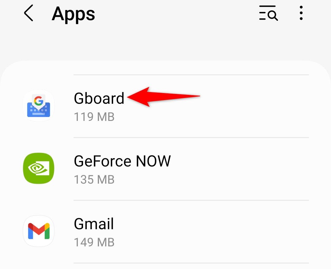 'Gboard' highlighted on the 'Apps' page in Android Settings.