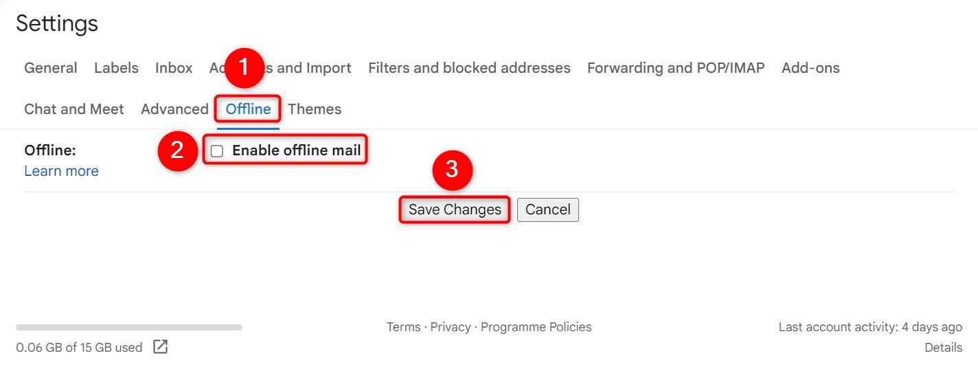 'Offline' tab contents in the settings of Gmail's desktop site.