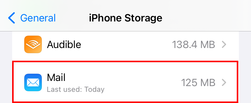 The Mail app in the storage list. It shows 125 megabytes in use. 