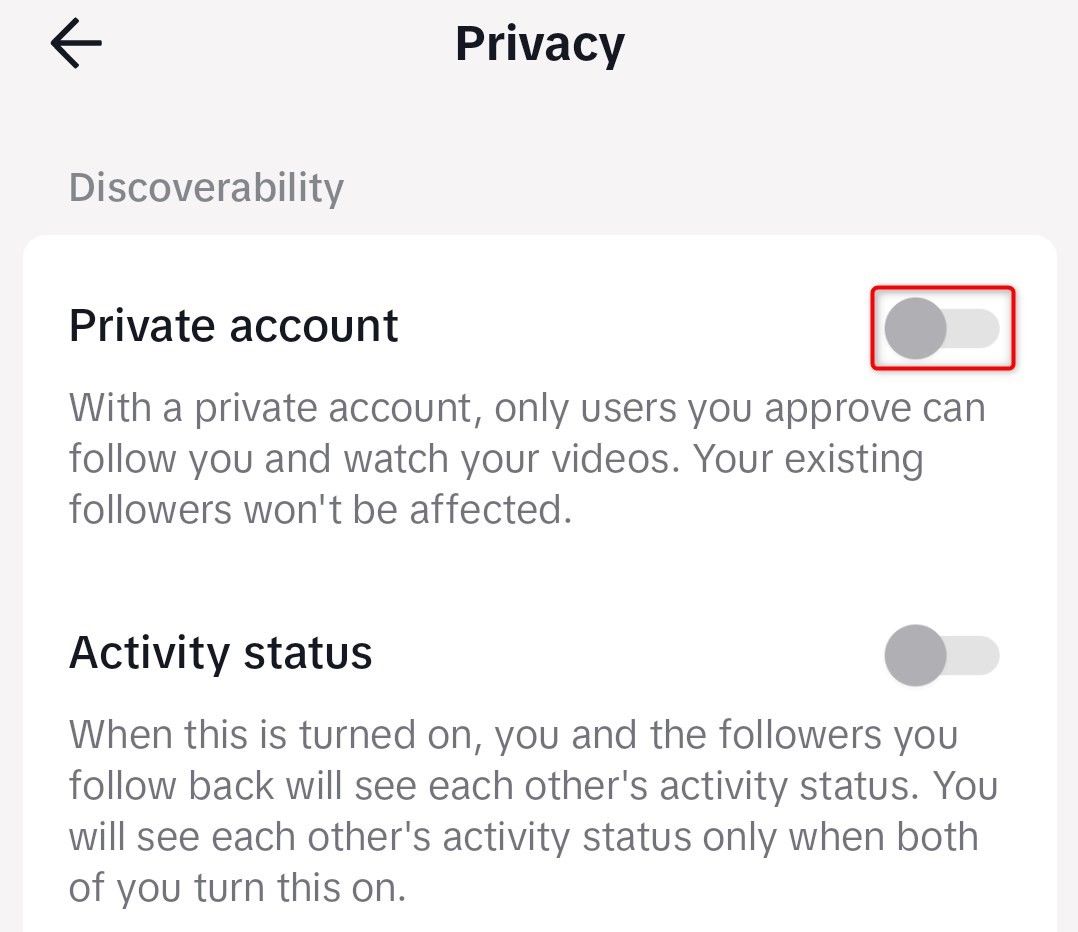 'Private Account' highlighted on the 'Privacy' screen in TikTok mobile app.