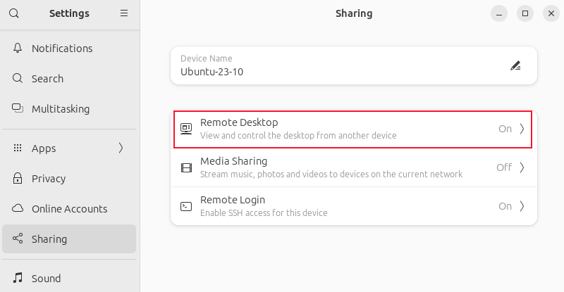 The Remote Desktop option highlighted in the Sharing pane of the Settings application
