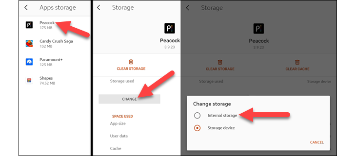 Screenshots showing how to move an app off the SD card