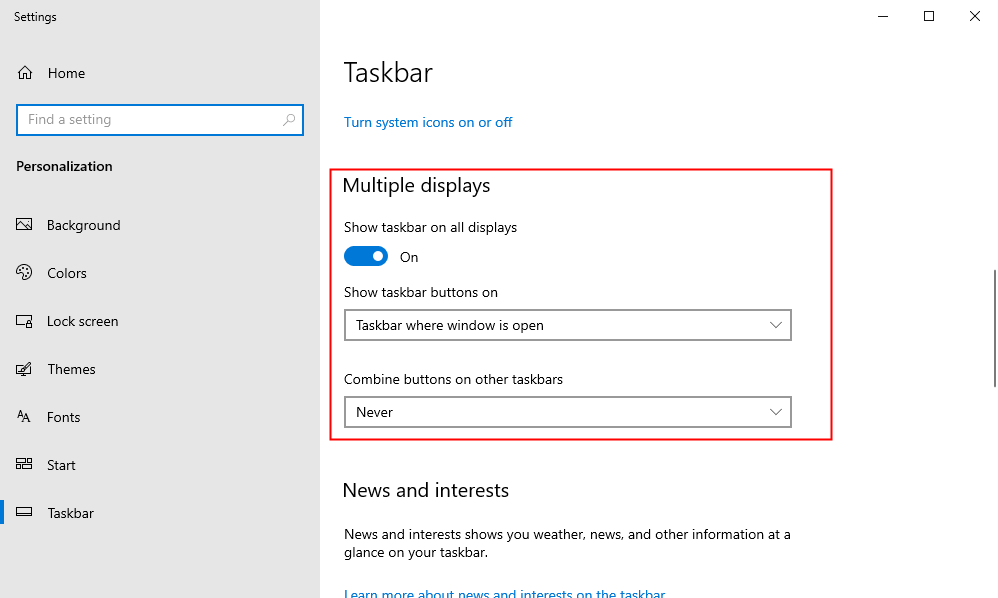 The options for controlling the Taskbar on multiple displays. 