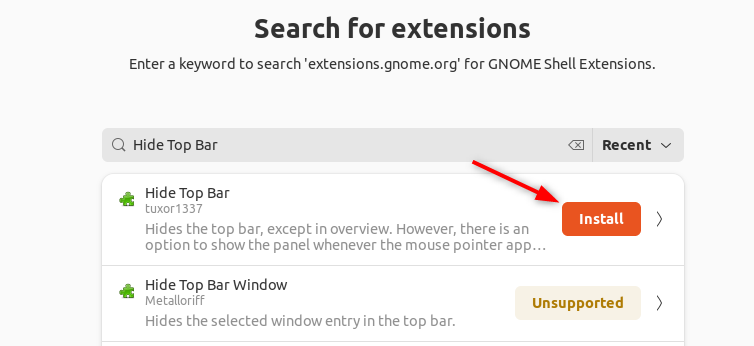 Search option displaying the Hide Top Bar extension and install button