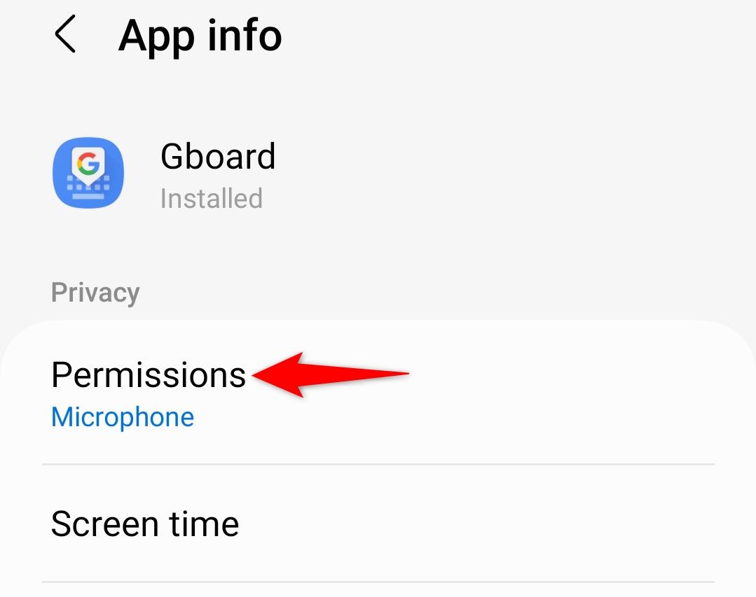 'Permissions' highlighted on Gboard's 'App Info' page in Android Settings.