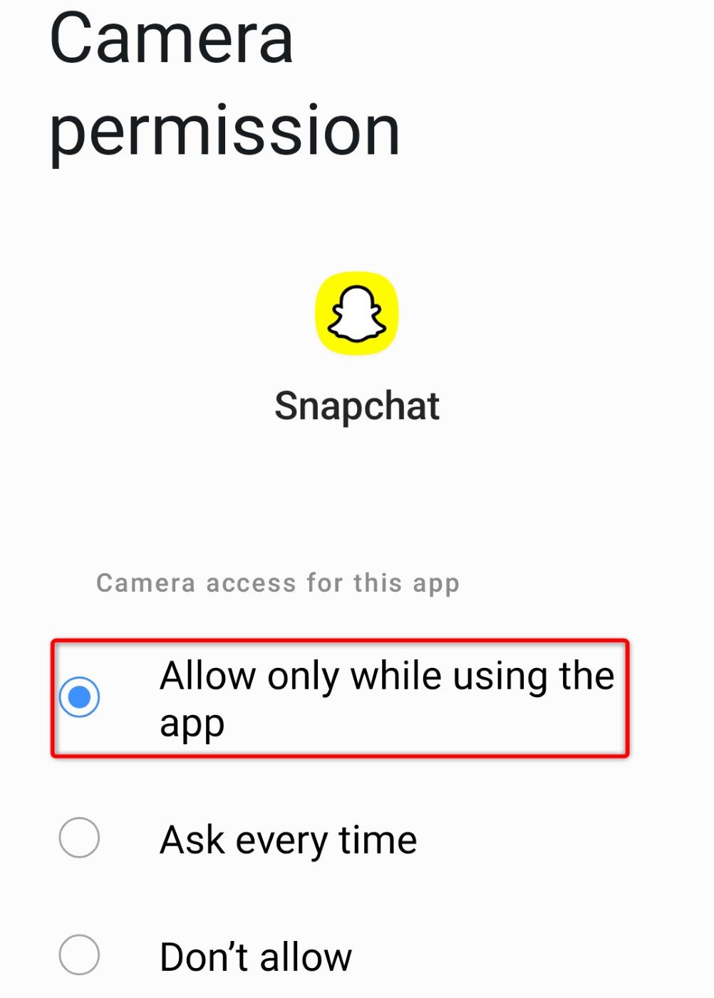 'Allow Only While Using the App' highlighted for Snapchat camera access in Android Settings.