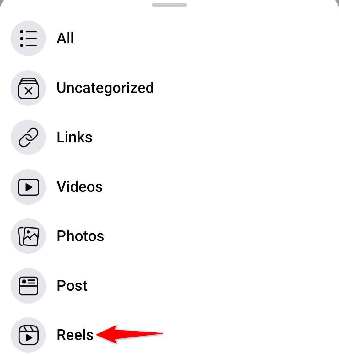 'Reels' highlighted in the saved item list filter menu of Facebook mobile app.