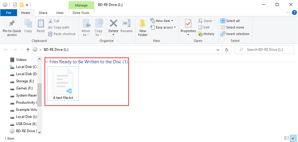 An example text file ready to be written to the drive. 