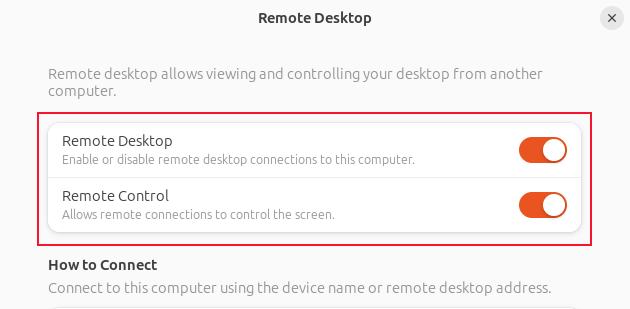 The Remote Desktop and Remote Control sliders in the GNOME Remote Desktop dialog