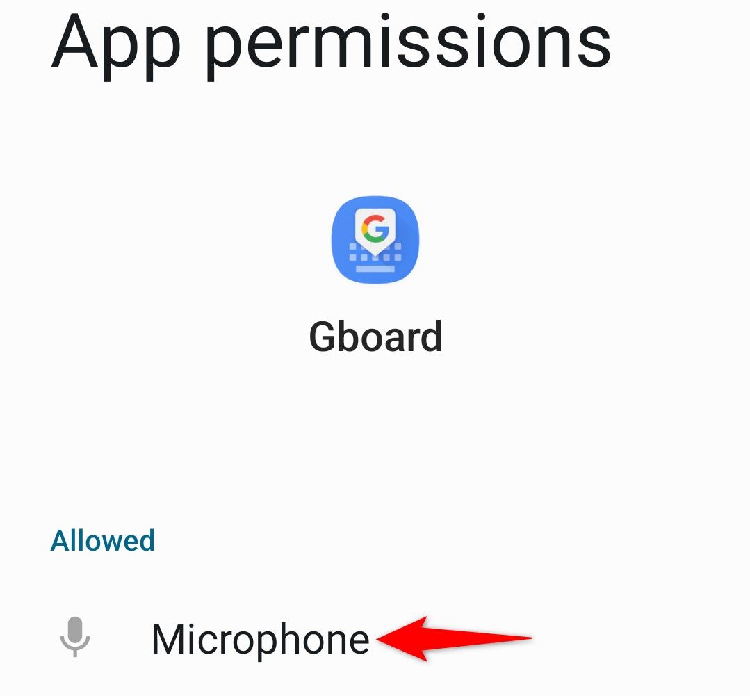 'Microphone' highlighted on Gboard's 'App Permissions' page in Android Settings.