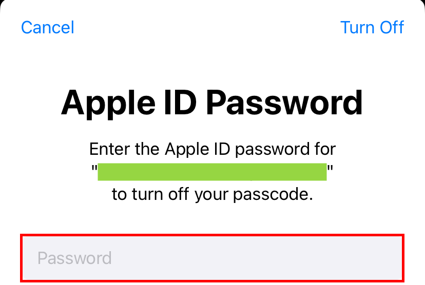 Enter your Apple ID Password to confirim you want to disable your passcode. 