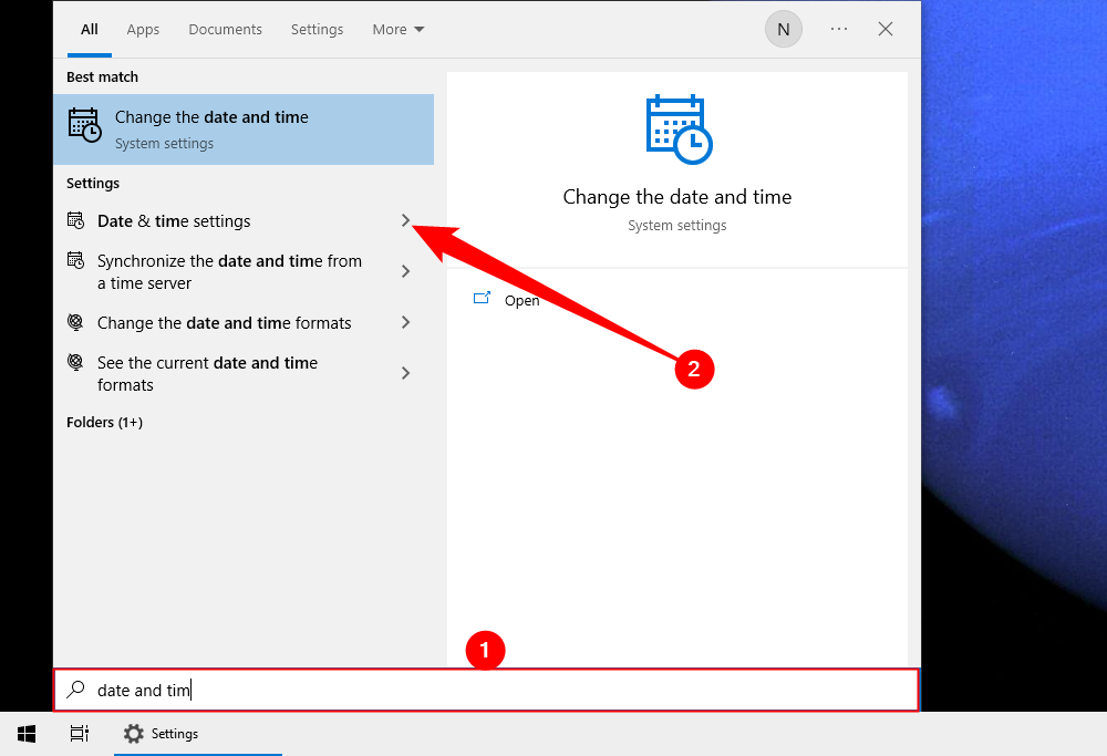 Search for "Date and Time" in the Start Menu