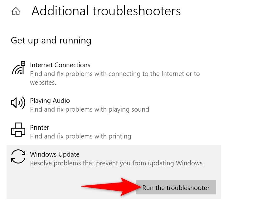 'Run the Troubleshooter' highlighted for the 'Windows Update' troubleshooter.