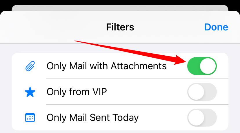Filters from the mail app, including "Only Mail with Attachments," "Only from VIP," and "Only Mail Sent Today." 