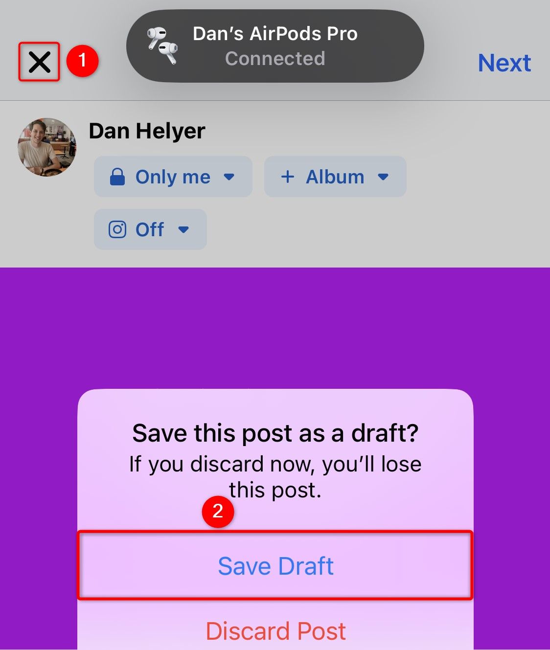 X and Save Draft buttons highlighted in Facebook's iPhone app.
