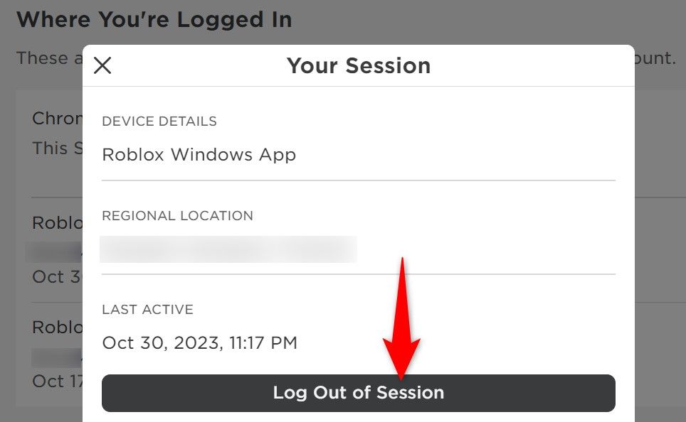 'Log Out of Session' highlighted in Your Session window on the Roblox website.