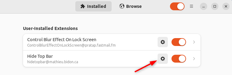 All installed extension displayed with the settings icon of the Hide Top Bar extension is highlighted