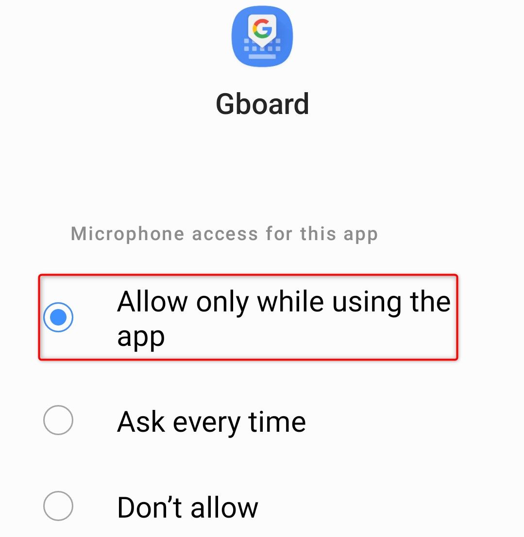 'Allow Only While Using the App' highlighted on Gboard's permissions screen in Android Settings.