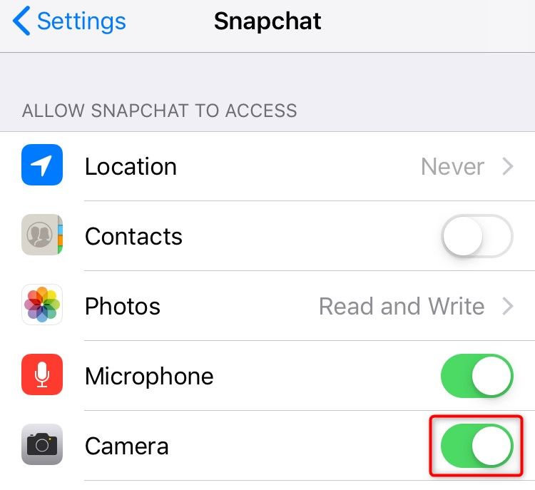 'Camera' highlighted on the Snapchat page in iPhone Settings.