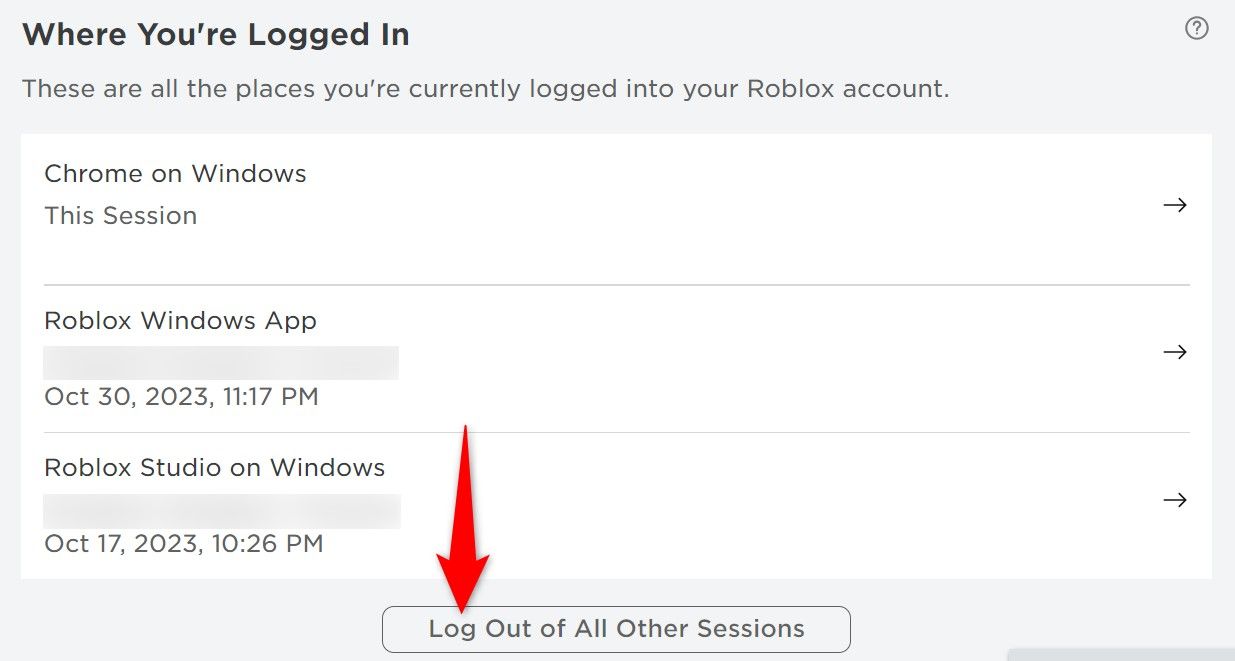 Log Out of All Other Sessions highlighted on the Roblox website.